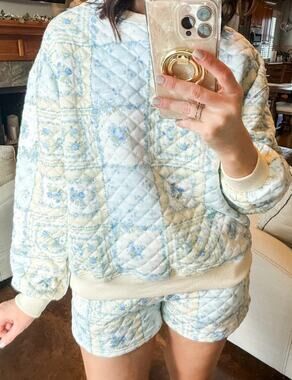 Rareraw Quilted Floral Sweatshirt Short Set Blue Yellow Patchwork NEW Large